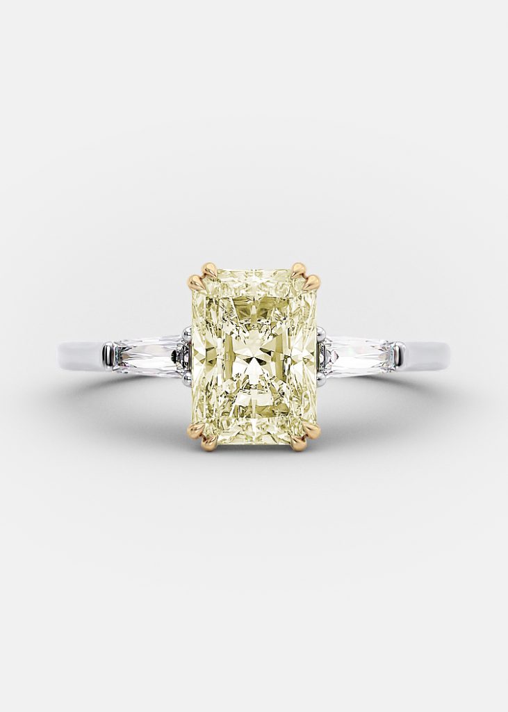Atlas fancy yellow radiant cut with baguette side stones