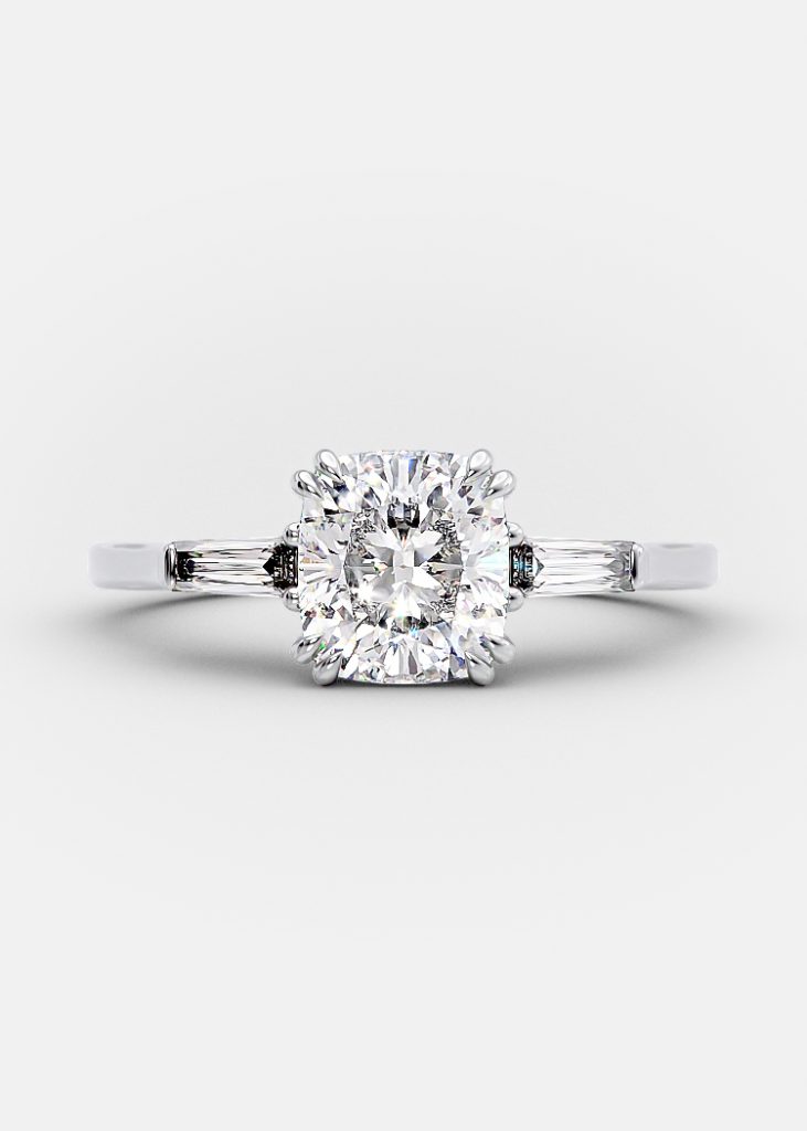 Emerson 1.80 carat cushion cut three stone engagement ring
